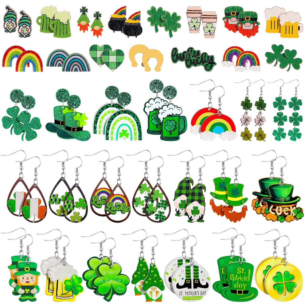 36 Pairs Wooden St. Patrick's Day Earrings Irish Shamrock Green Dangle Earrings Accessories for Women Saint Patrick Jewelry Gifts